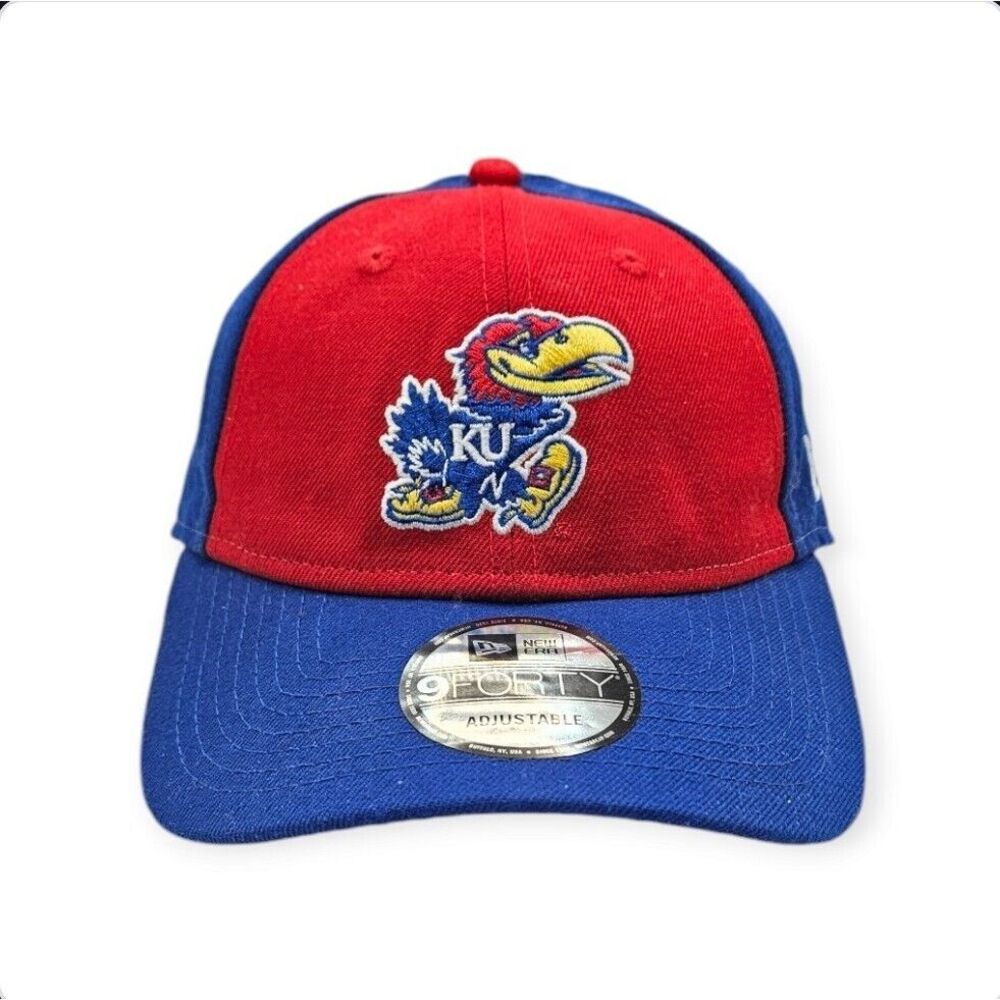 Kansas Jayhawks New Era Hat 9Forty Adjustable Blue Red‎ White Logo Hook & Loop